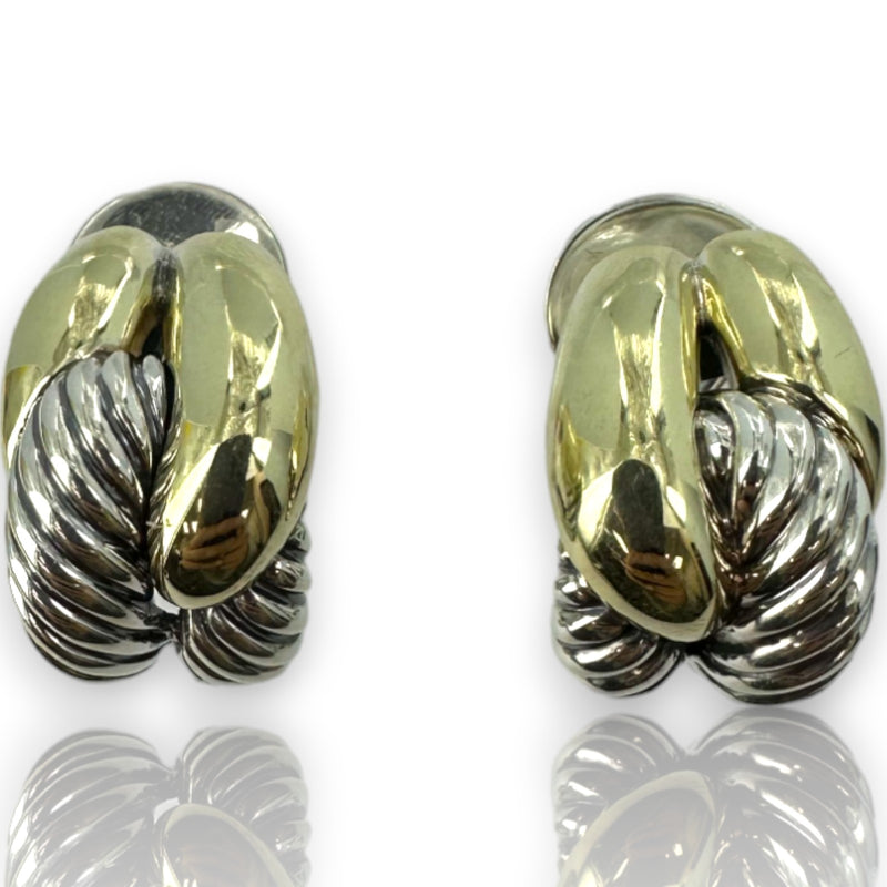 David Yurman Signed Labyrinth Collection Solid 14k Yellow Gold 925 Sterling Silver Omega-Back Clamp Earrings