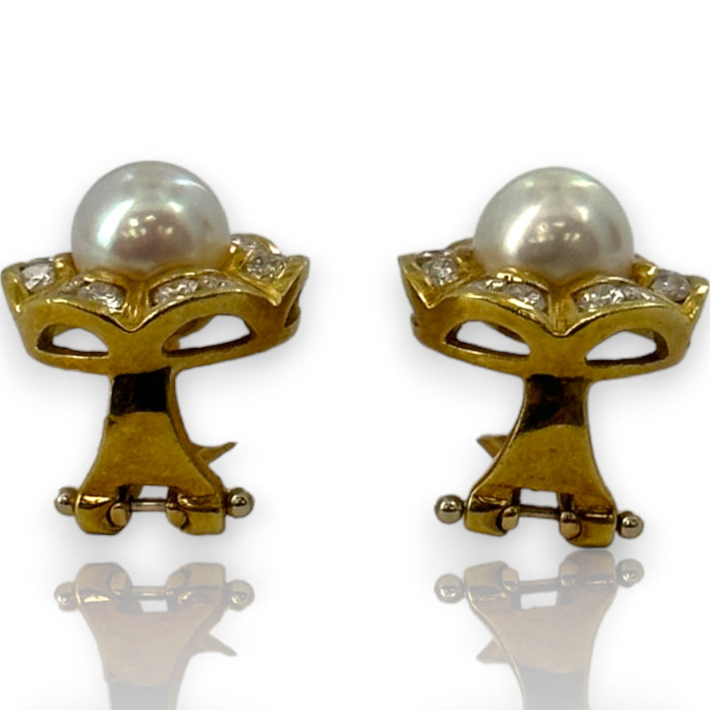 Vintage 1980s 18k Solid Yellow Gold Tiffany and Co Pearl and White Diamond Omega Back Stud Earrings Stamped Israel