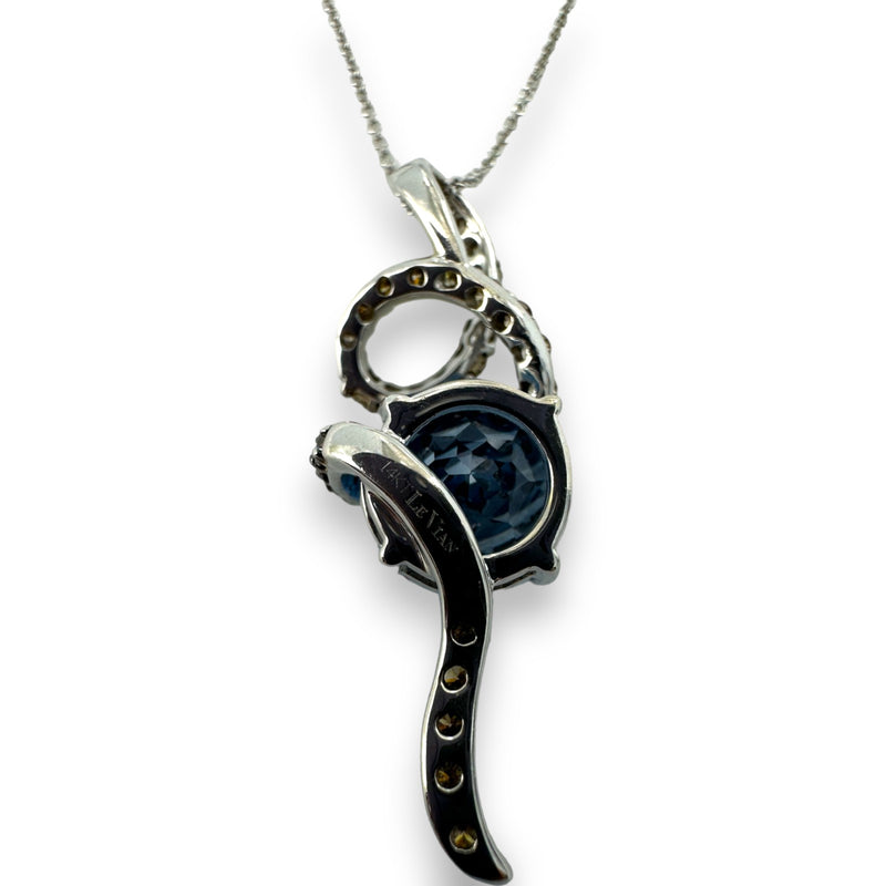 LeVian Solid 14kt White Gold Chocolatier Pendant with Blue Topaz and Cognac Chocolate Diamonds on 18" Chain