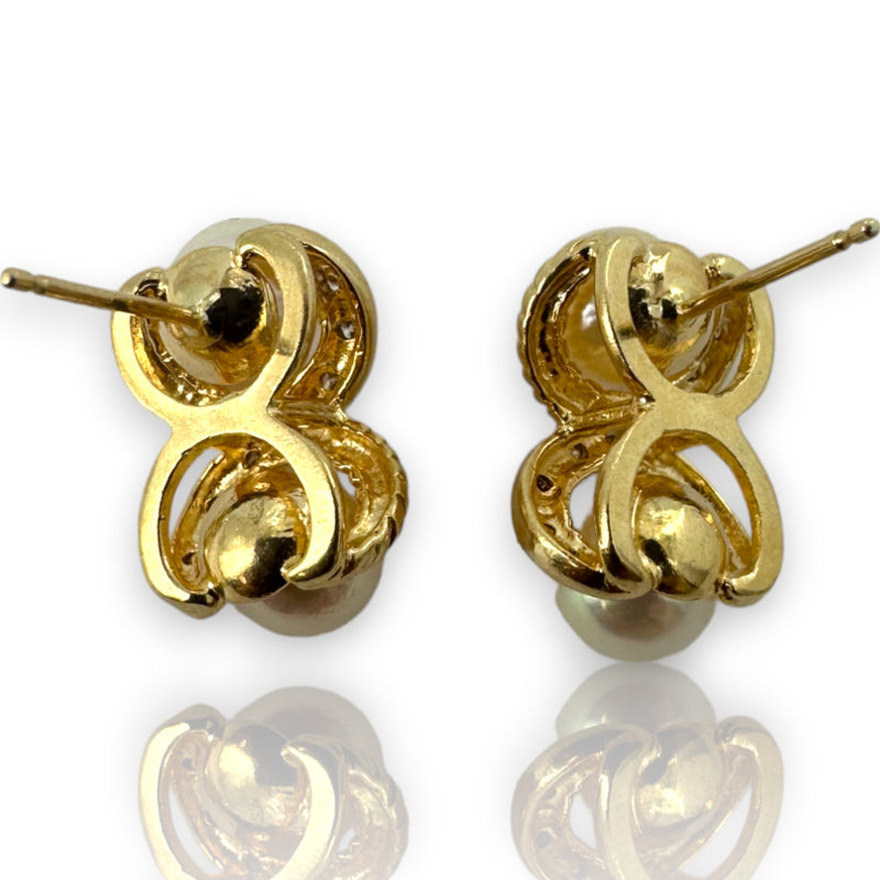 Pearl and Diamond Twist Cable Drop 14kt Solid Yellow Gold Pierced Earrings