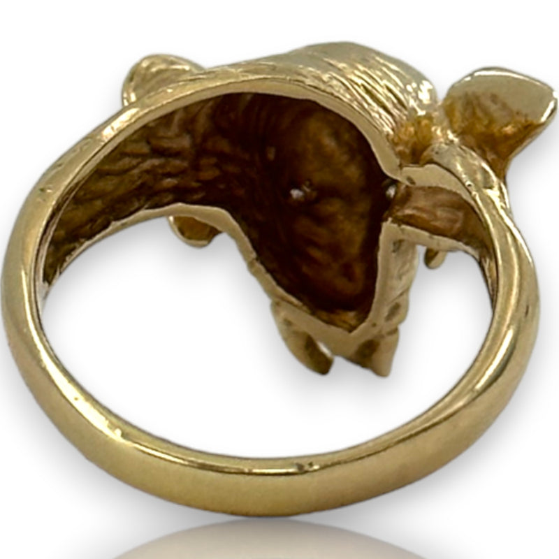 Elephant Head to Tail Ring with Diamond Eyes and Small Diamond Inside Trunk Solid 14kt Yellow Gold Detailed