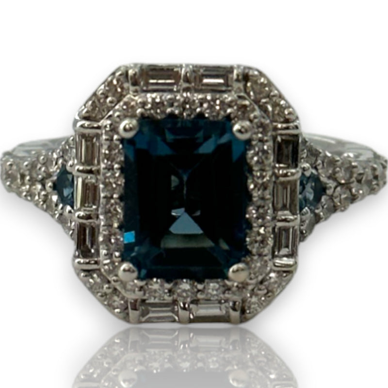 Disney Enchanted Cinderella 14kt Solid White Gold and Emerald Cut London Blue Topaz Ring with Double Diamond Halo and Diamond and Blue Topaz Accents Size 5.5