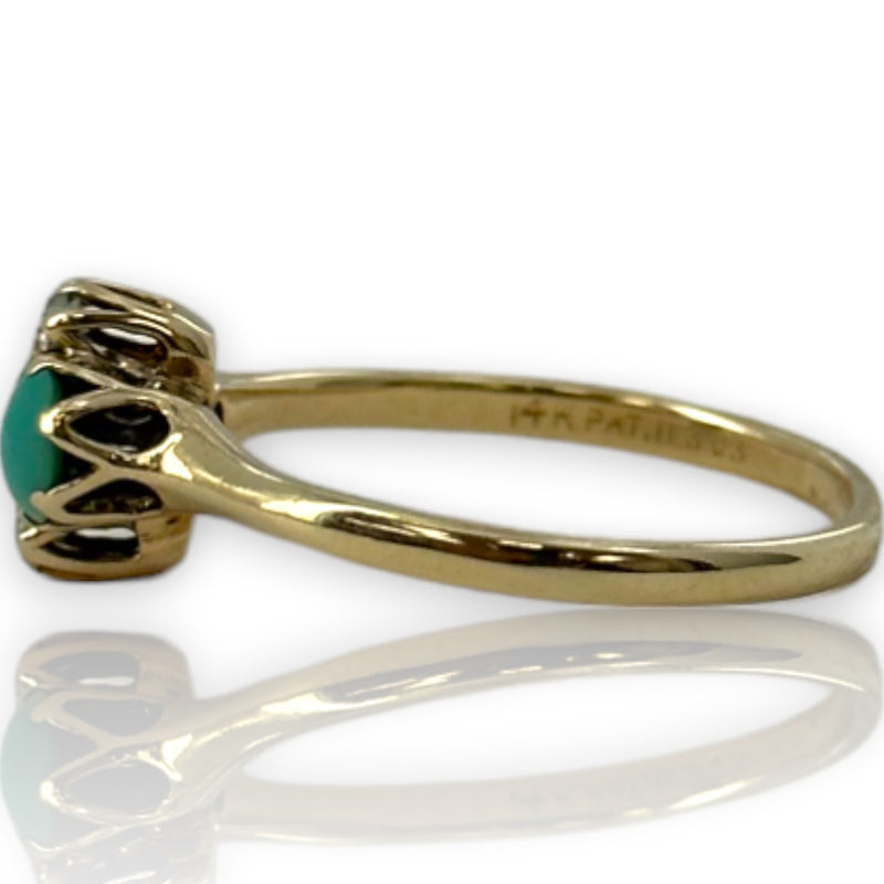 Late Victorian Era Solid 14kt Gold Persian Turquoise and Old Mine Cut Diamond Dainty Accent Cocktail Ring Size 7