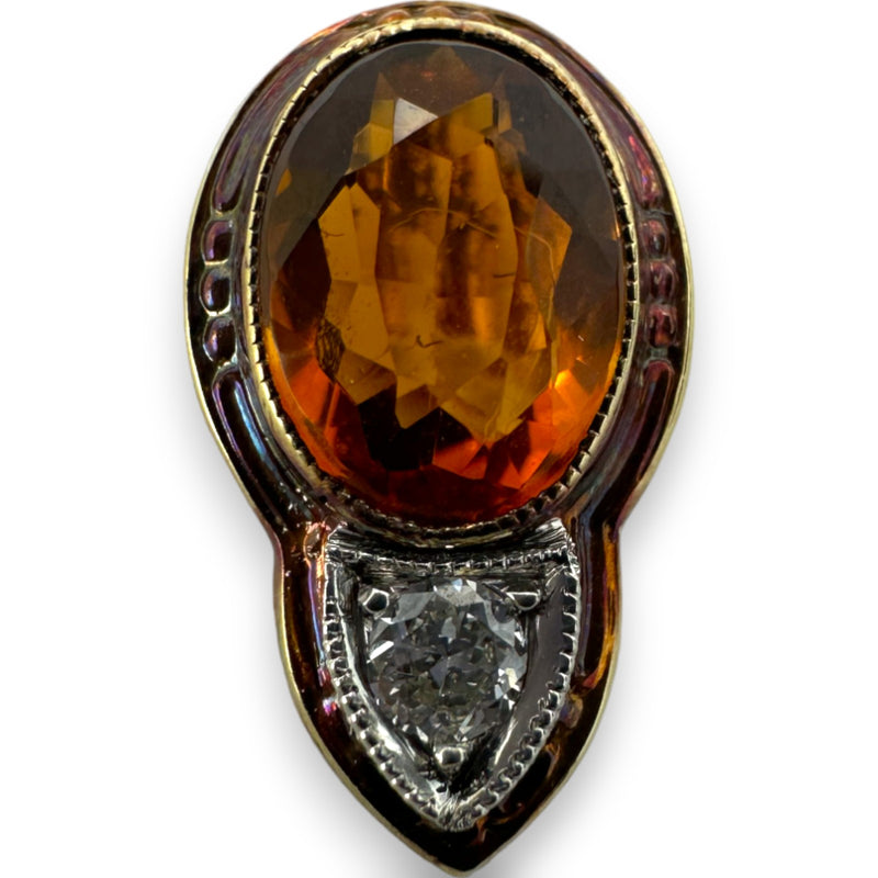 Late Victorian Handmade 14k Yellow Gold Stick Lapel Pin Oil Slick Patina Citrine and Old European Diamond