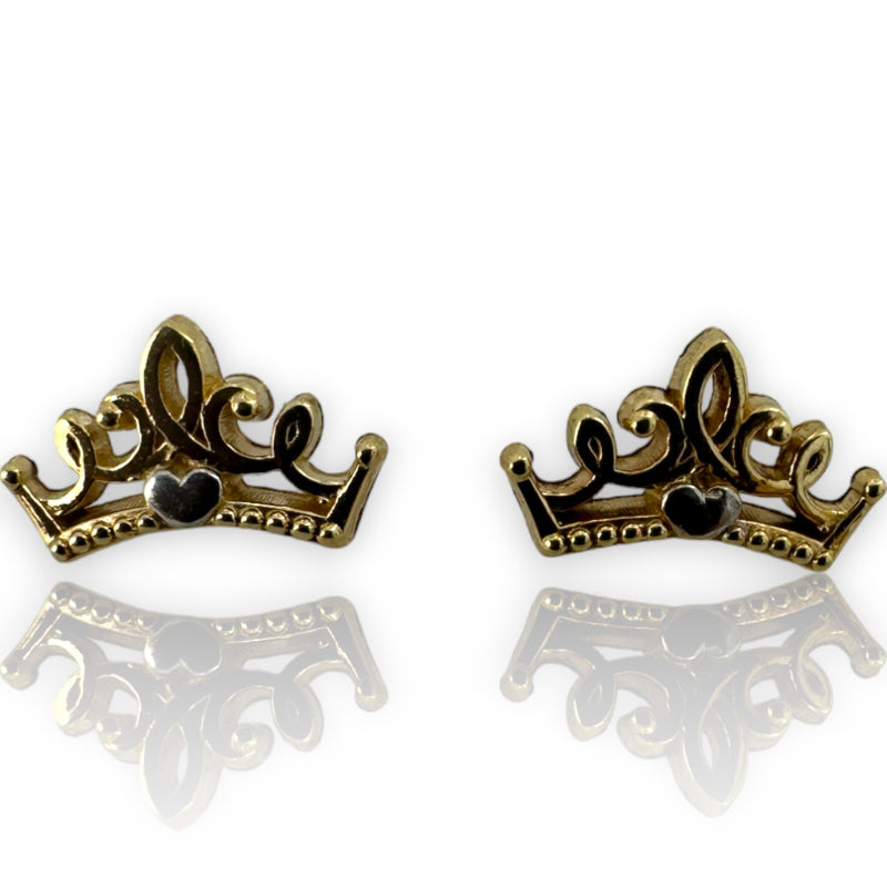 Kids 10kt 2-tone Solid Yellow and White Gold Pierced Tiara Crown Screw Back Earrings