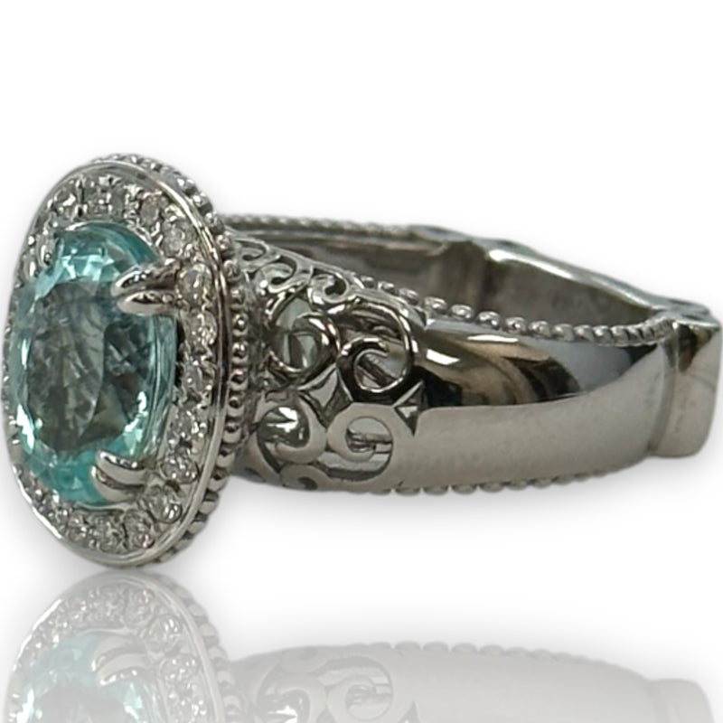 SNJ Jewelers Solid 14kt White Gold Rhodium Plated Light Blue Topaz Openwork Ring with Diamond Halo Size 6