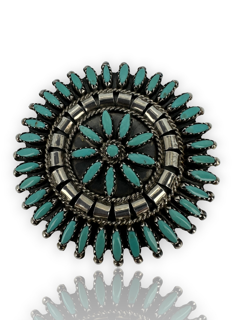 Vintage Navajo Needlepoint Turquoise Sterling Silver Zuni N&R Nez 925 Brooch Pin