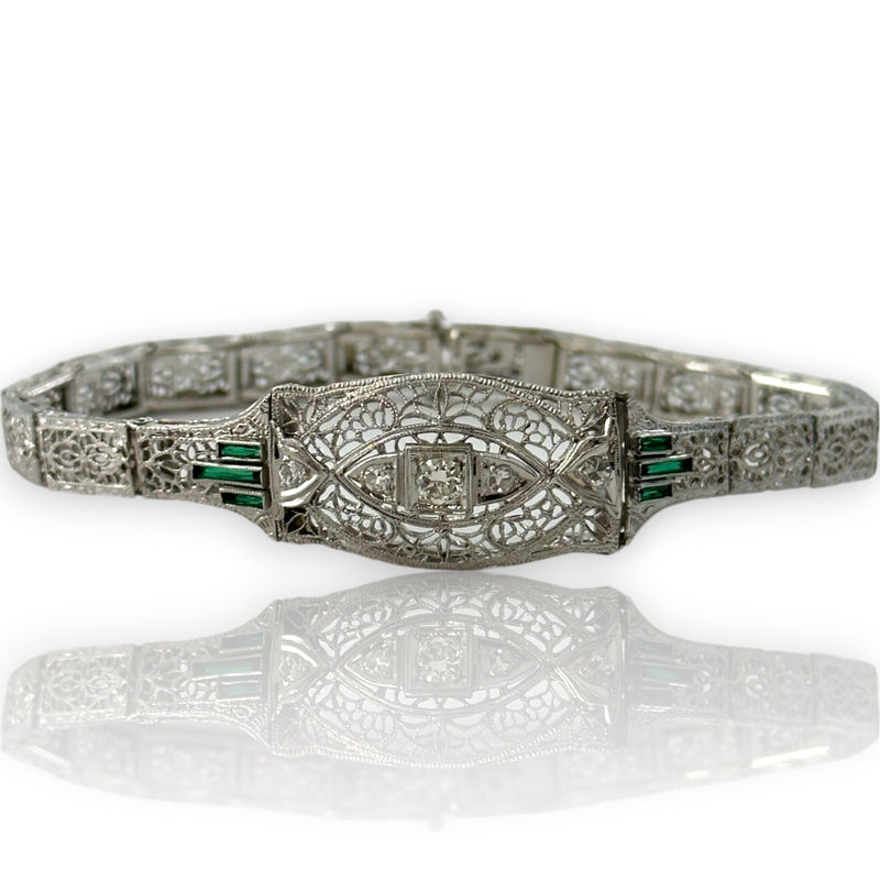 Antique 1920-30s Art Deco Era Filigree Bracelet with Transitional and Single Cut Diamonds and Glass Emeralds 7" Length