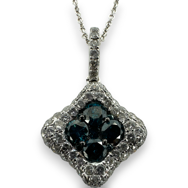 Effy Blue Diamond and White Diamond Square Pendant Necklace White Gold 14KT 585