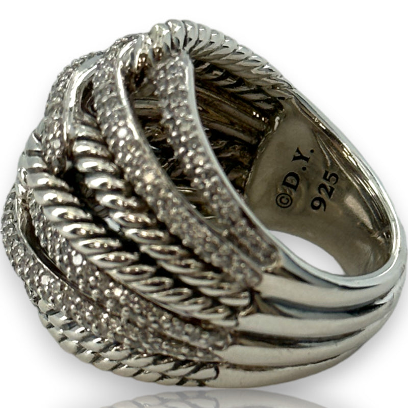 David Yurman DY Solid 925 Sterling Silver Quadruple Loops Diamond Pave Labyrinth Cable Ring Size 6