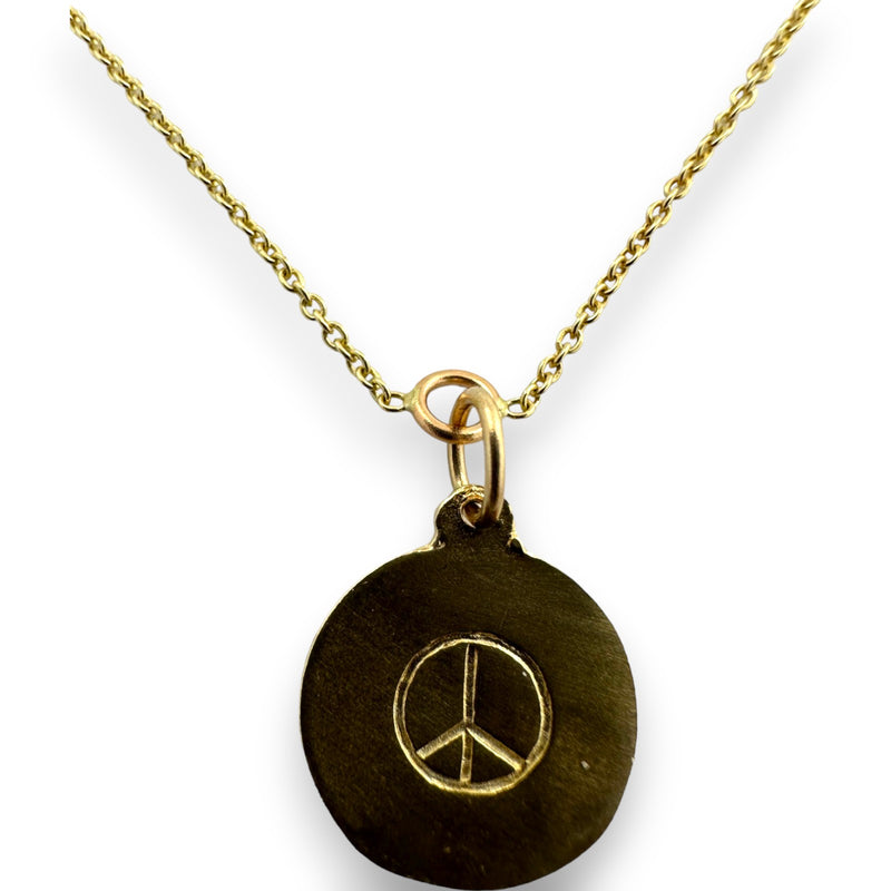 Helen Ficalora 15mm Solid 14kt Yellow Gold Charms Earth and Peace Reversible on 25" Endless Cable Chain