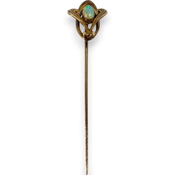 Antique Art Nouveau Victorian Stick Lapel Pin Solid 10k Rose Gold with Fire Opal