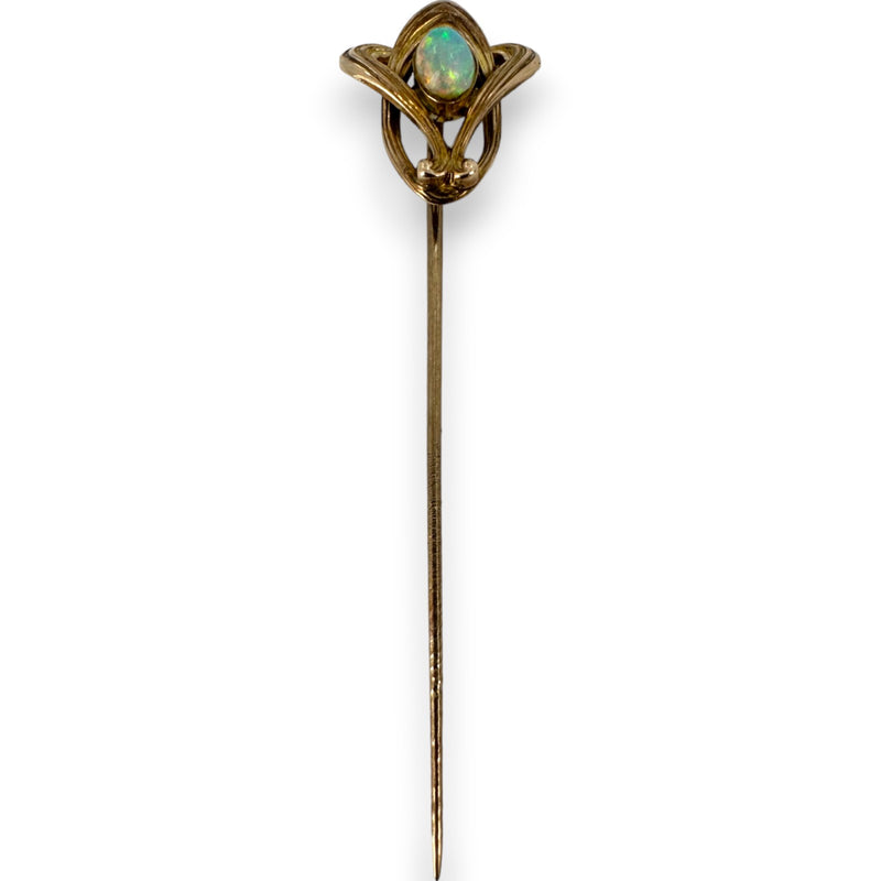 Antique Art Nouveau Victorian Stick Lapel Pin Solid 10k Rose Gold with Fire Opal