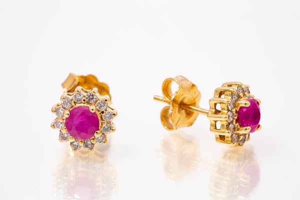 Ruby & Diamond Halo Stud Earrings 14k 585 Yellow Gold