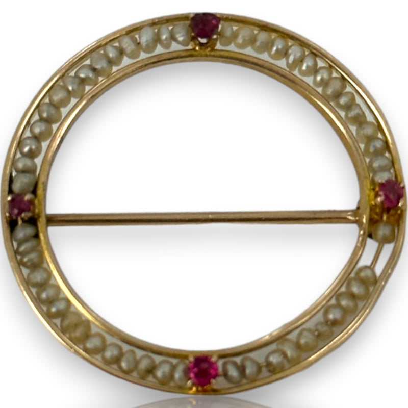 Antique Early 1900s Seed Pearl & Natural Ruby Circle Pin Brooch10k Yellow Gold