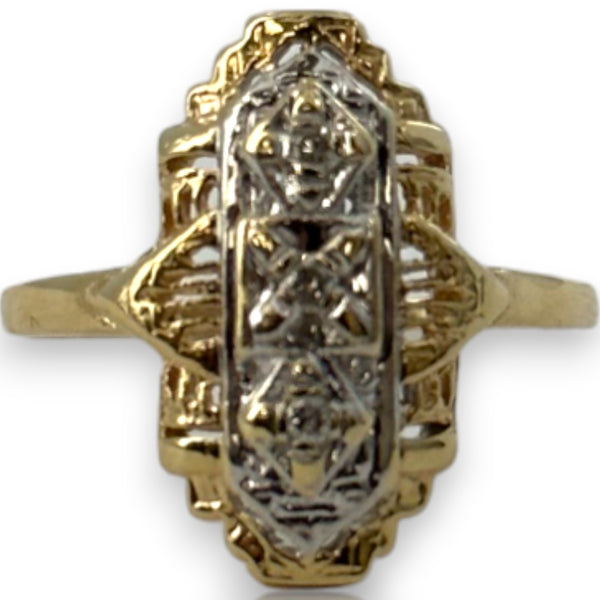 Vintage 1970-80s Art Deco Revival Solid 2-Tone 14k Yellow and White Gold Cast of 1920s Dinner Ring with 3 Diamonds Size 10