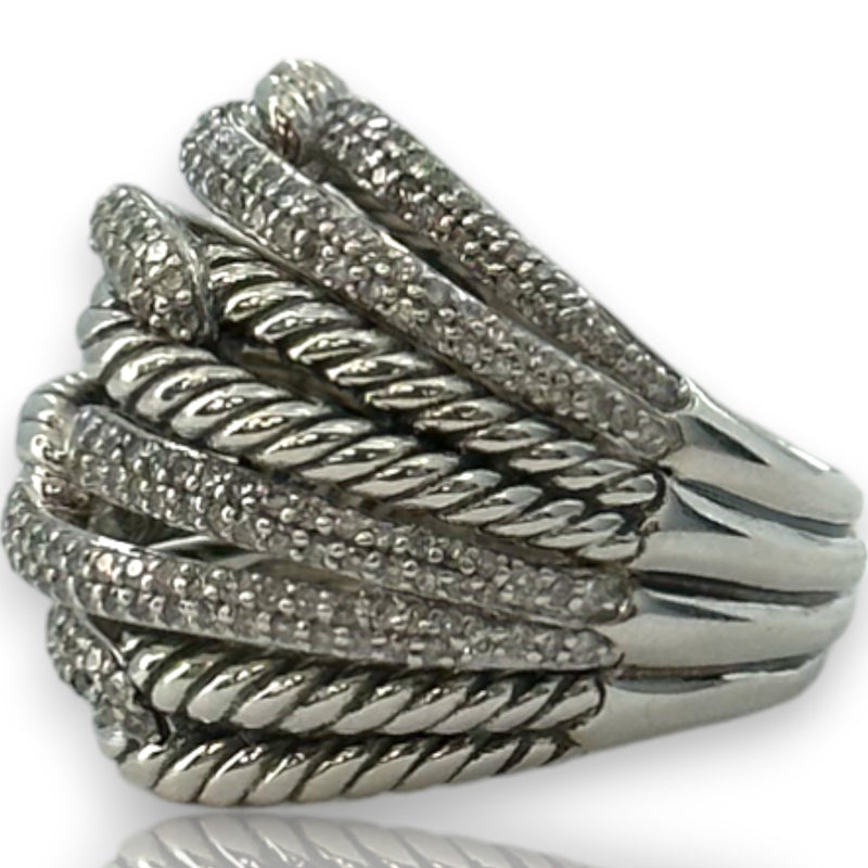 David Yurman DY Solid 925 Sterling Silver Quadruple Loops Diamond Pave Labyrinth Cable Ring Size 6