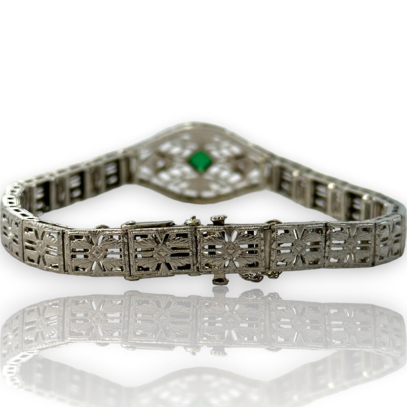 Antique 1920-30s Art Deco Solid 14kt White Gold Rhodium Plated Filigree Bracelet With Simulated Glass Emerald and Diamonds 7.5" Length