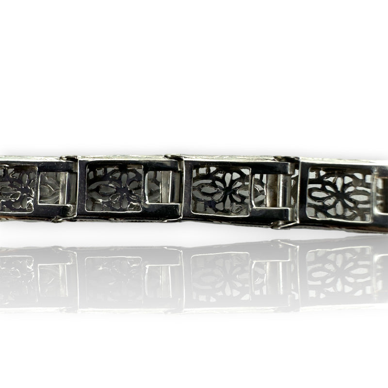 Antique 1920-30s Art Deco Era Filigree Bracelet with Transitional and Single Cut Diamonds and Glass Emeralds 7" Length