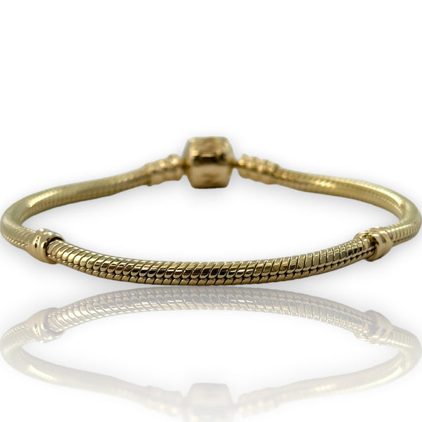 Pandora Moments Collection Solid 14kt Yellow Gold Snake Chain Bracelet with Stoppers for Charms and Cylinder Clasp Length 7"