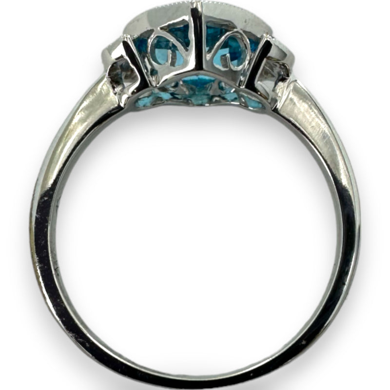 Legacy Custom Jewelers Solid 14kt White Gold and Checkerboard Cut Bezel Set Blue Topaz Ring with Diamond Leaf Milgrain Details Size 7