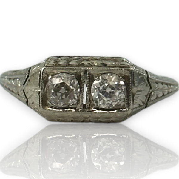 Antique Kinscherf Co. 1920s Art Deco Solid 18kt White Gold 2-Stone Old Mine Cut Diamond Ring Made in New York Size 7.75