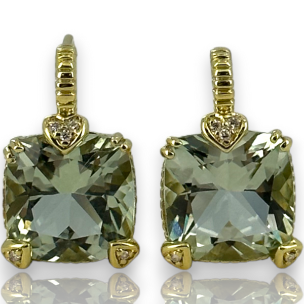 Judith Ripka 18KT 750 Yellow Gold Diamond Green Quartz Drop Earrings