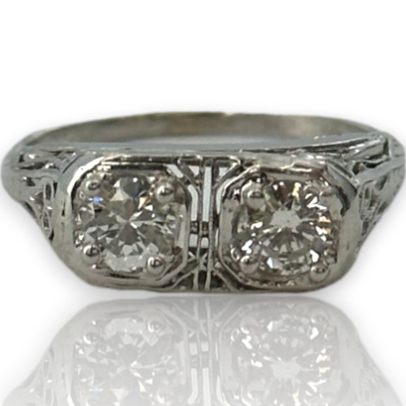 Antique Art Deco Solid 14kt White Gold Rhodium Plated Filigree Ring with 0.66ctw Replaced Modern Brilliant Diamonds Size 5.25