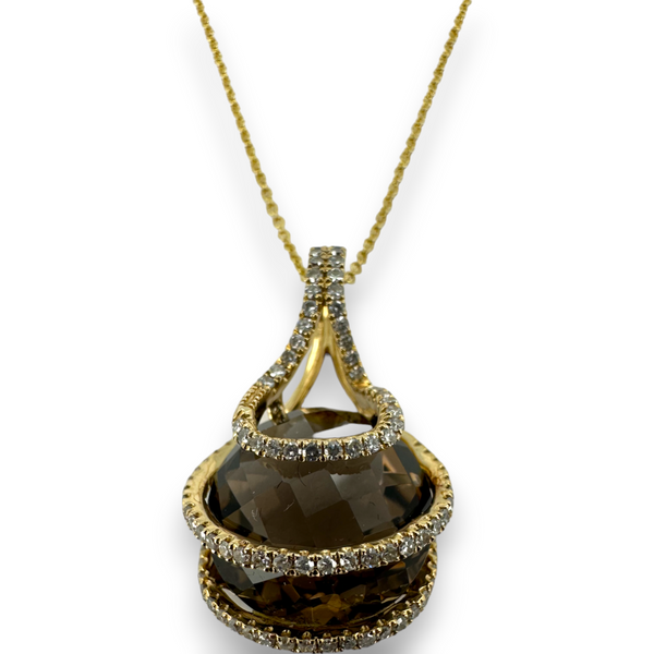 Effy Smokey Quartz and Diamond Drop Pendant Necklace Yellow Gold 14KT 585