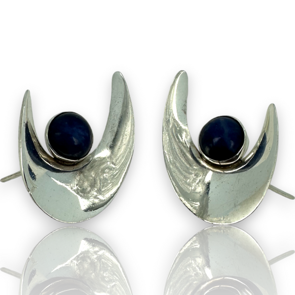 Miguel Pineda Aztec 925 Sterling Silver Large Lapis Round Stud Earrings