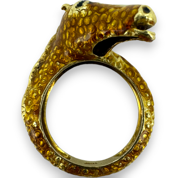 Enameled Horse 18kt 750 Yellow Gold Horse Head Equestrian Bypass Ring Size 6.5