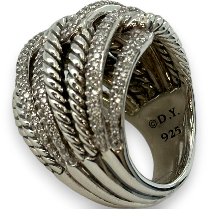 David Yurman DY Solid 925 Sterling Silver Quadruple Loops Diamond Pave Labyrinth Cable Ring Size 6