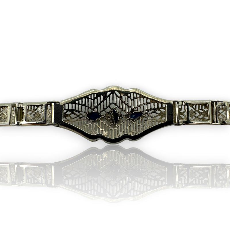 Antique c1920s Die-Struck Solid 14kt White Gold Filigree Openwork Bracelet with Lab Grown Sapphires Length 6.5"