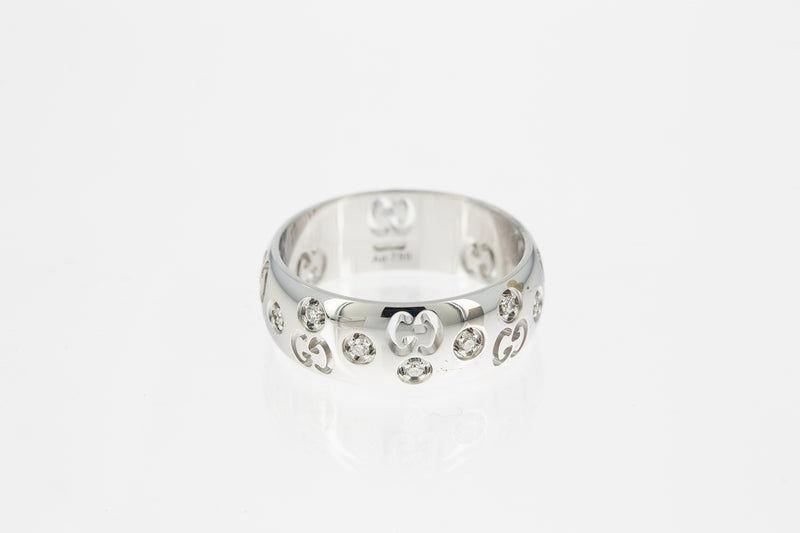 Gucci Logo 18k 750 White Gold Band Domed Ring Size 4.75