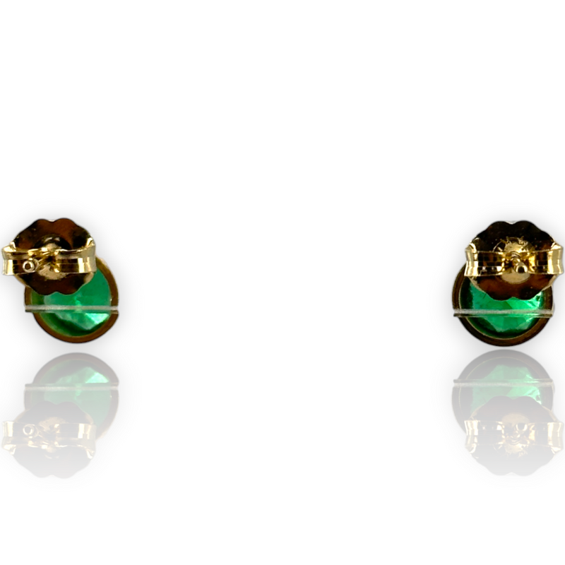 Round Emerald Gemstone Bezel Set 14k 585 Yellow Gold Stud Earrings