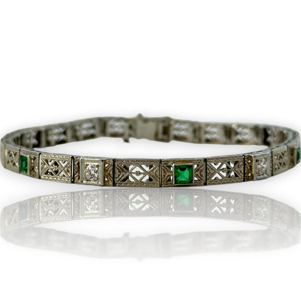 Antique Art Deco 1920s Solid 14kt White Gold Filigree 7.25" Bracelet with Diamonds and Simulated Glass Emeralds