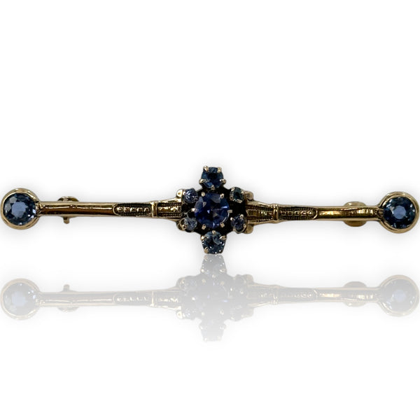 Late Victorian 10k Solid Yellow Gold Sapphire Bar Pin Brooch