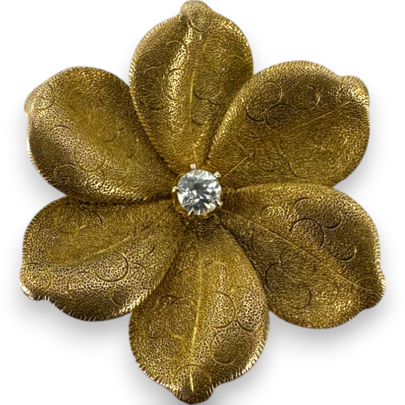 Late Victorian 1890-1900s Solid Yellow Gold 14k Flower Brooch Pin Pendant with Hinged Bale and Old European Cut Diamond Original Pinback