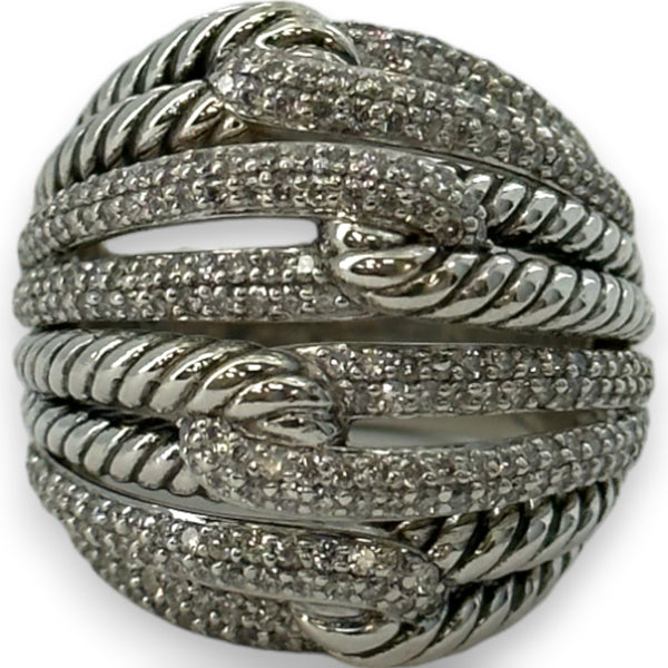 David Yurman DY Solid 925 Sterling Silver Quadruple Loops Diamond Pave Labyrinth Cable Ring Size 6