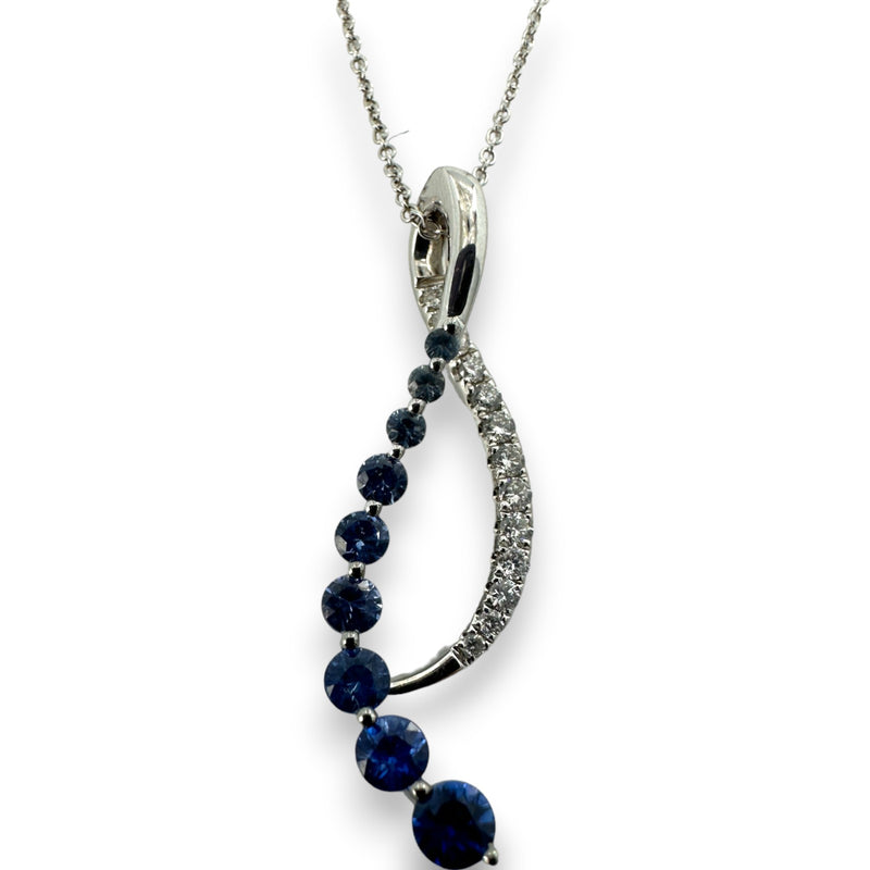 LeVian Solid 14kt White Gold Ombre Graduated Blue Blueberry Sapphire and White Vanilla Diamond Pendant on 18" Cable Chain