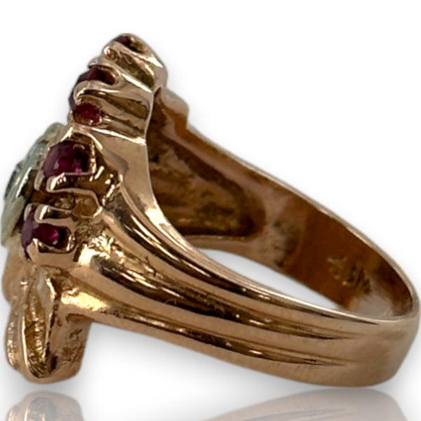 Vintage Retro 1940s Solid 14kt Rose Gold Cocktail Ring with Heart-Set Diamond and Accent Rubies Size 5.25