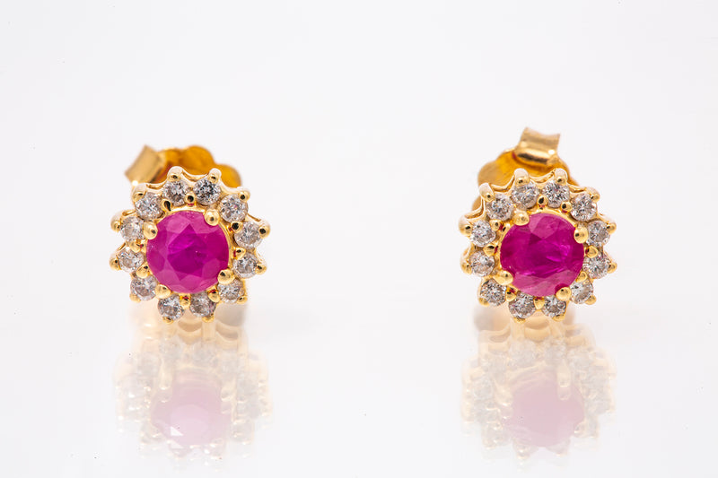 Ruby & Diamond Halo Stud Earrings 14k 585 Yellow Gold