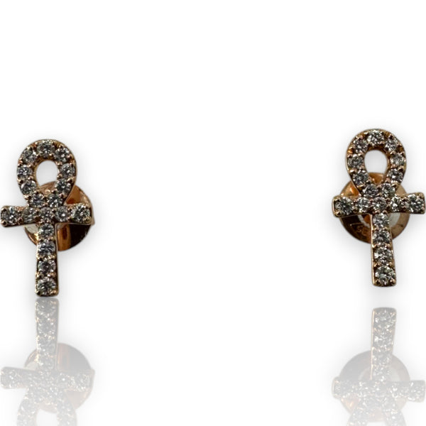 Diamond Ankh Egyptian Hieroglyph Solid 14k Rose Gold Stud Earrings