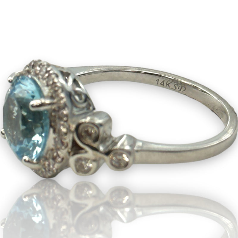 Blue Topaz Solitaire Ring with Diamond Halo and Accents Size 7 Solid 14kt White Gold