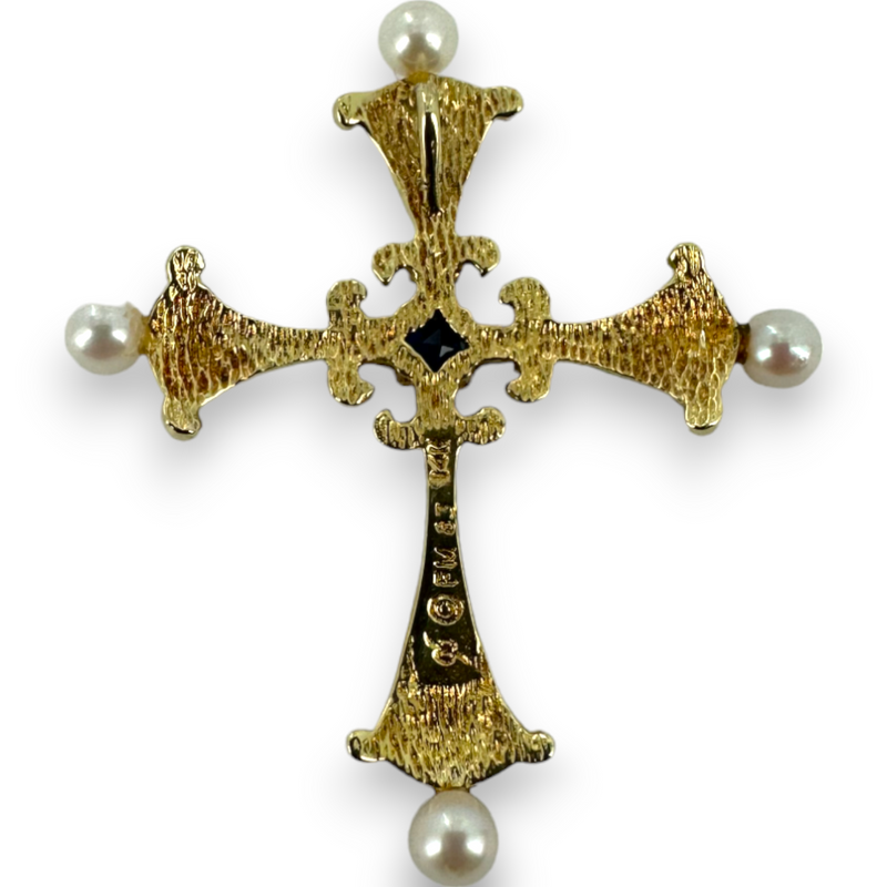 Vintage Franklin Mint Blue Enamel Diamond Sapphire Pearl Cross 14KT 585 Yellow Gold Charm Pendant