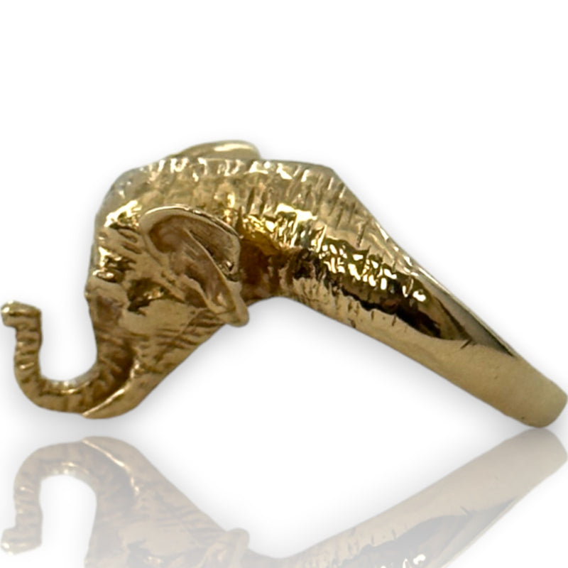 Elephant Head to Tail Ring with Diamond Eyes and Small Diamond Inside Trunk Solid 14kt Yellow Gold Detailed