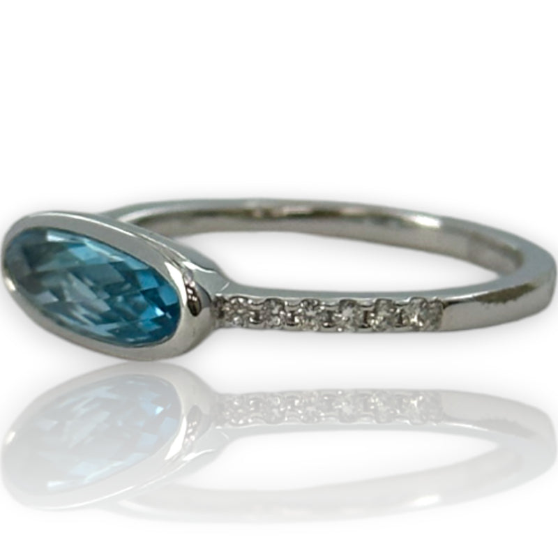 Skewes Jewelry Solid 14kt White Gold Horizontal Set Swiss Blue Topaz Stackable Fashion Ring with Diamond Accent Band Size 7