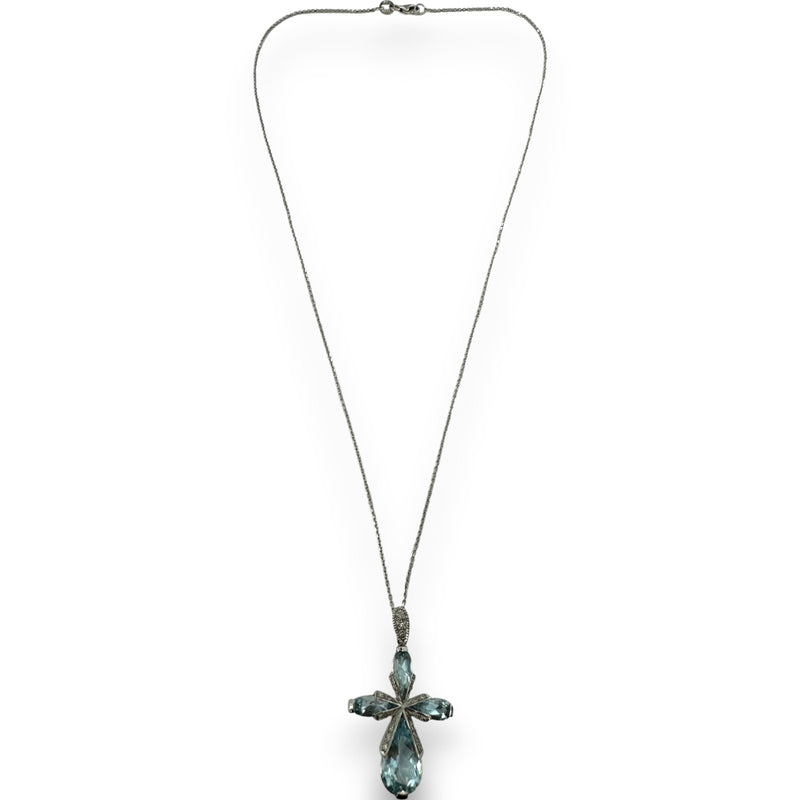 Vintage Solid 18kt White Gold Aquamarine Cross with Diamond Accents on Solid 14kt White Gold 18" Chain