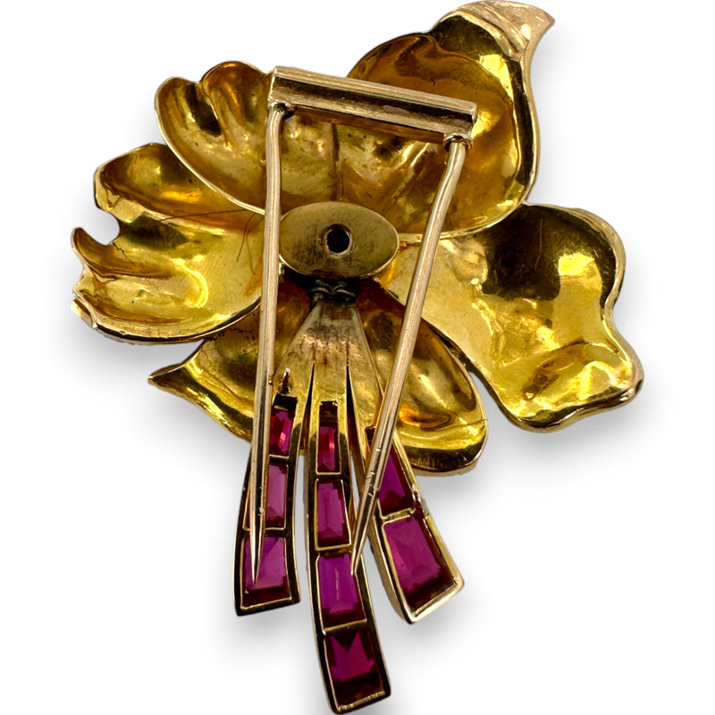 Vintage Retro Era 1930s-1940s Fur Clip Brooch Solid 18k Heavy Yellow Gold with Old Mine and Rose Cut Diamonds and Synthetic Accent Rubies