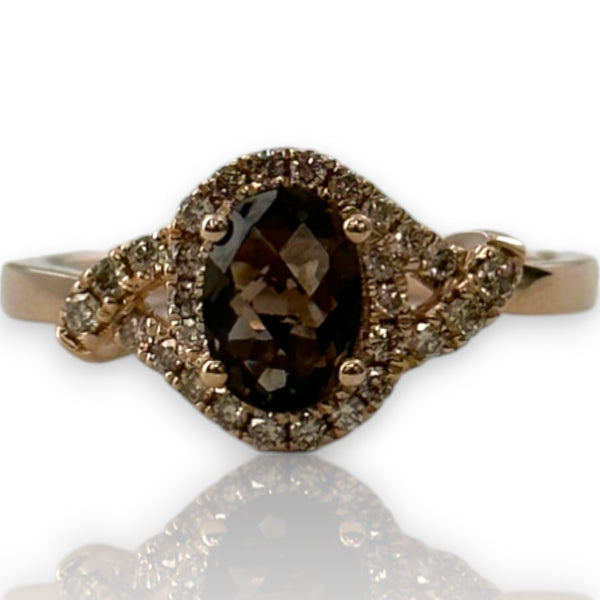 LeVian Chocolatier Solid 14kt Rose Gold and Smokey Quartz Fashion Ring with White Diamond Halo Size 7